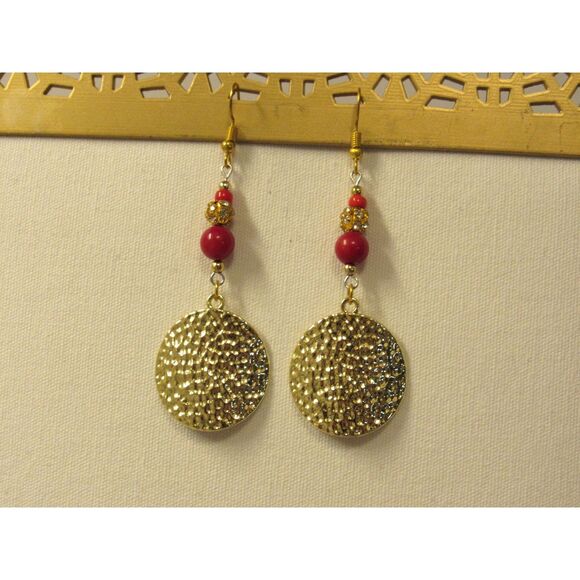 Gold Hammered Disc Earrings with Red and CZ accents - Picture 5 of 7